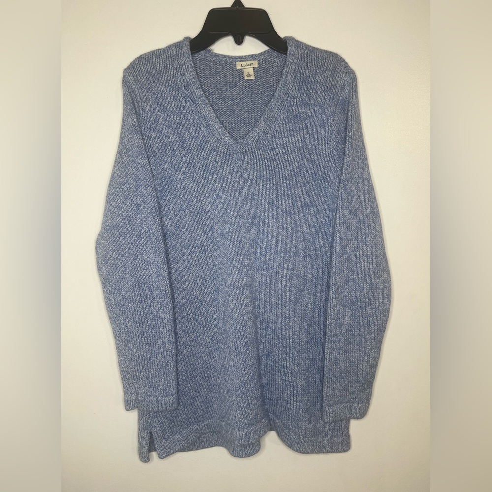 L.L. Bean womens V-Neck crochet Blue Sweater 100% cotton size small
